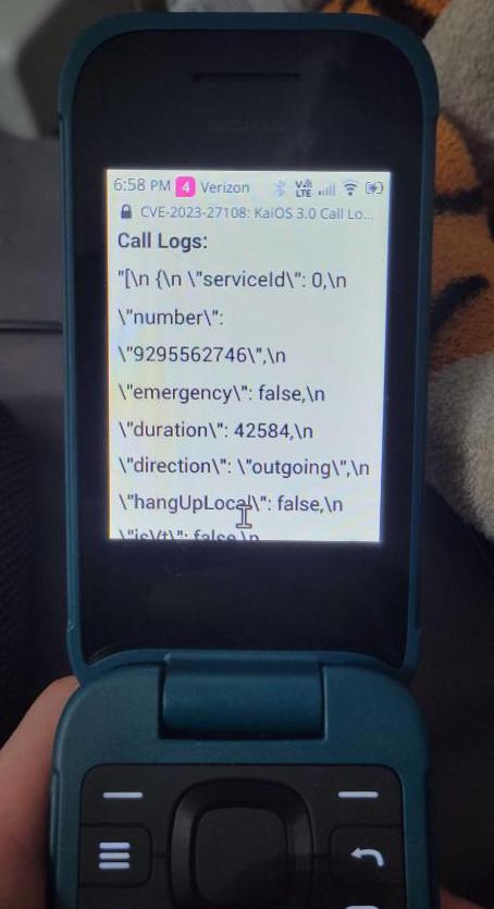 Photo of call logs exposed in Nokia 2780 Flip browser (Credit: @sosumi1984)