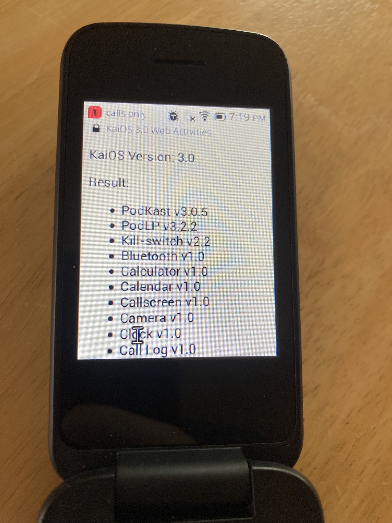 Photo of app list with versions exposed on Alcatel Go Flip 4 (KaiOS 3.0) browser