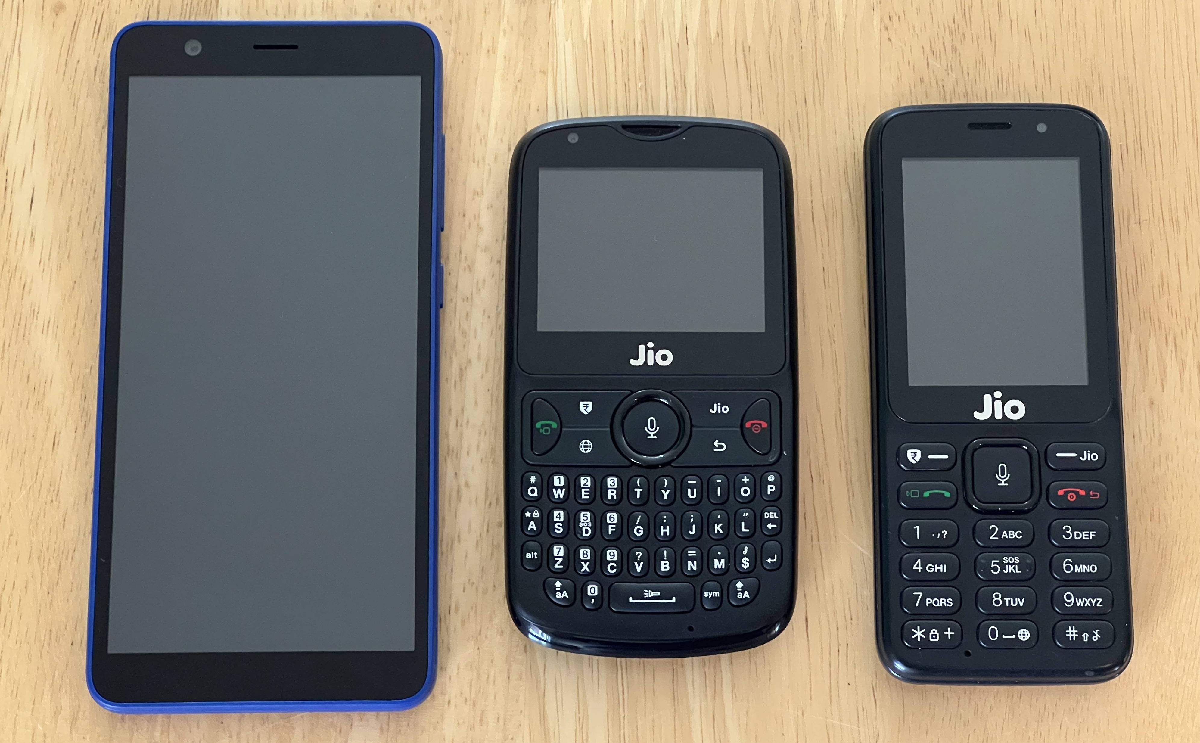 JioPhone Next (LS1542QWN), JioPhone 2 (F300B), and JioPhone (F90M)